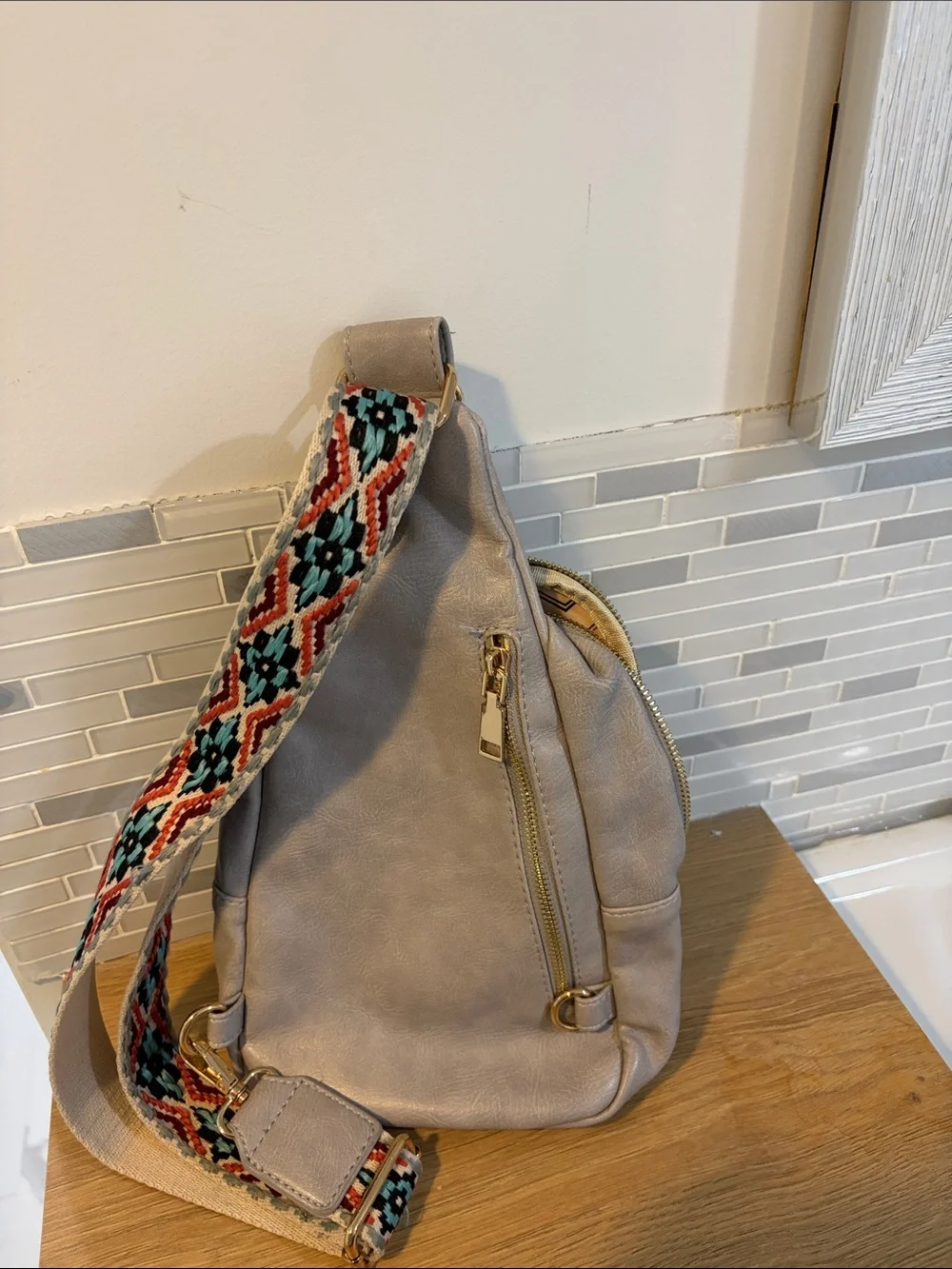 Altar'd State Taupe Crossbody with Multicolor Woven Strap